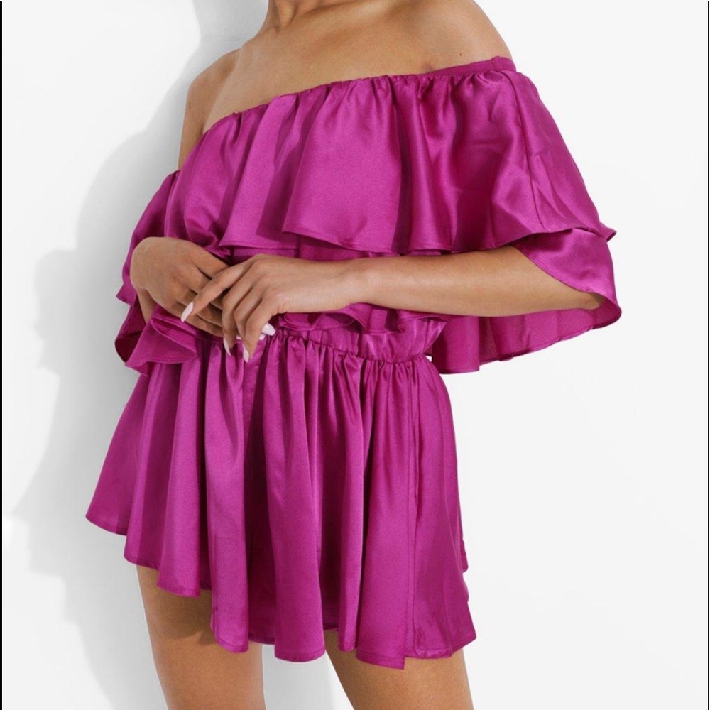 BOOHOO SATIN ONE SHOULDER EXTREME RUFFLE ROMPER